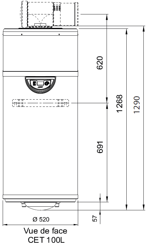 Dimensions vue de face du chauffe-eau edel air vertical mural 100 litres